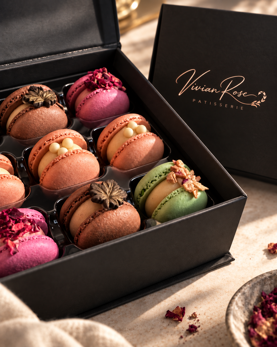 A Vivian Rose box, open, with the ribbon beside it